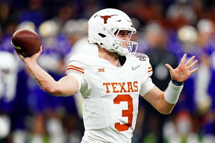 Jan 1, 2024; New Orleans, LA, USA; Texas Longhorns quarterback Quinn Ewers (3) throws a pass during the fourth quarter against the Washington Huskies in the 2024 Sugar Bowl college football playoff semifinal game at Caesars Superdome. 